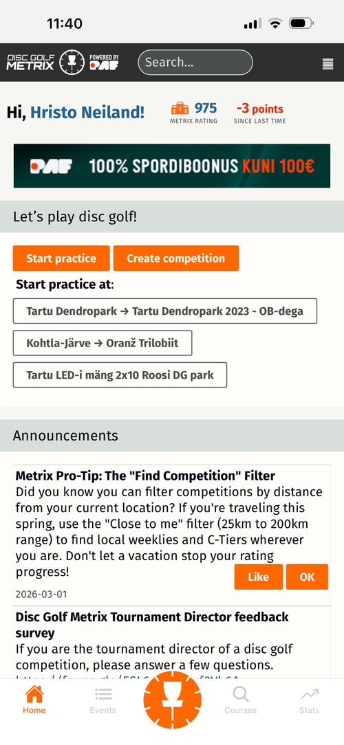 Disc Golf Metrix äpp: avaleht
